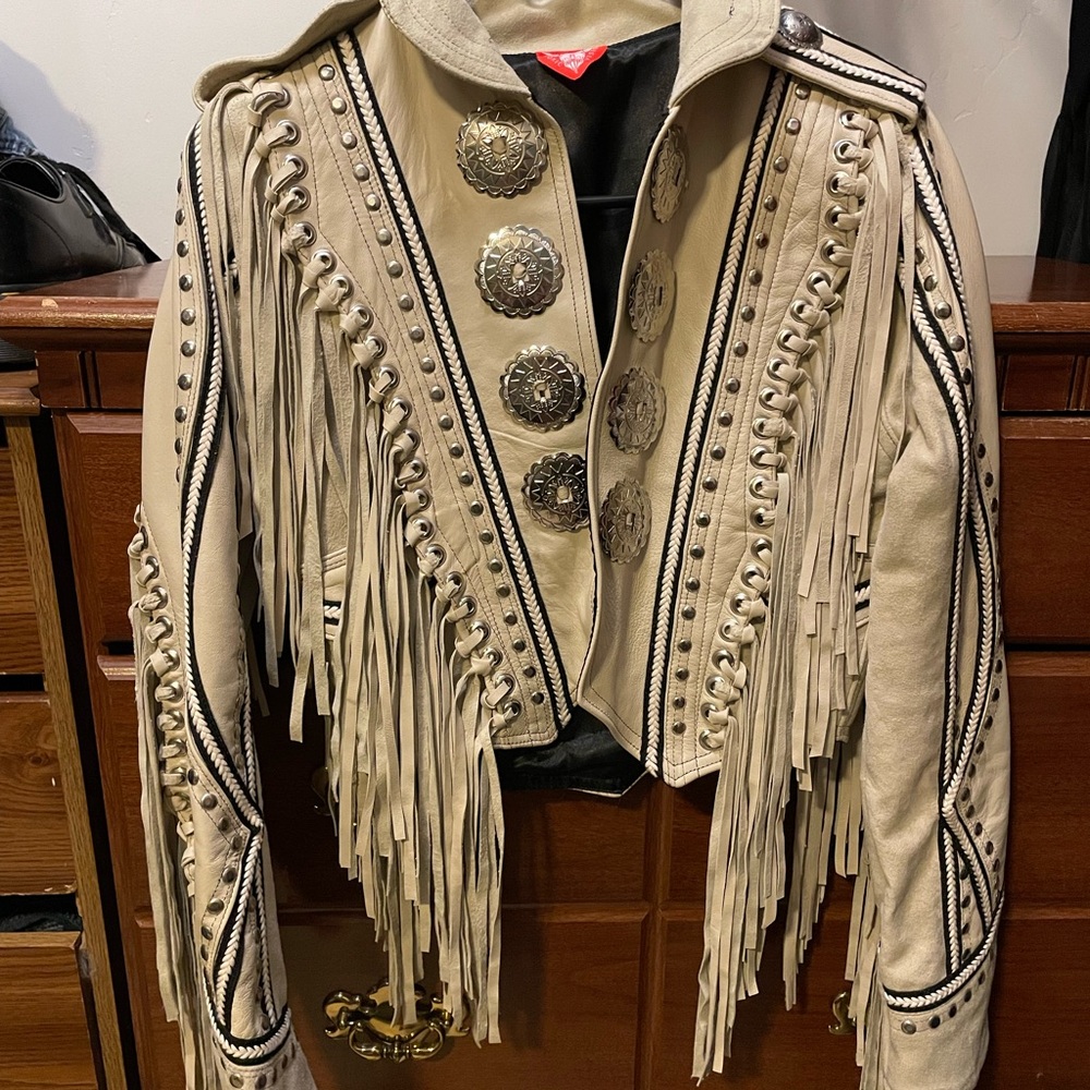 Cream Leather Jacket with Fringe and Geometric Patterns